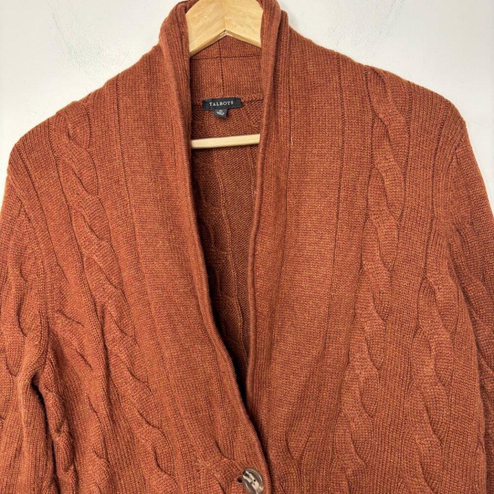 Talbots Wool Blend Cable Knit Cardigan Sweater M Brown Faux Leather Trim - Picture 14 of 14